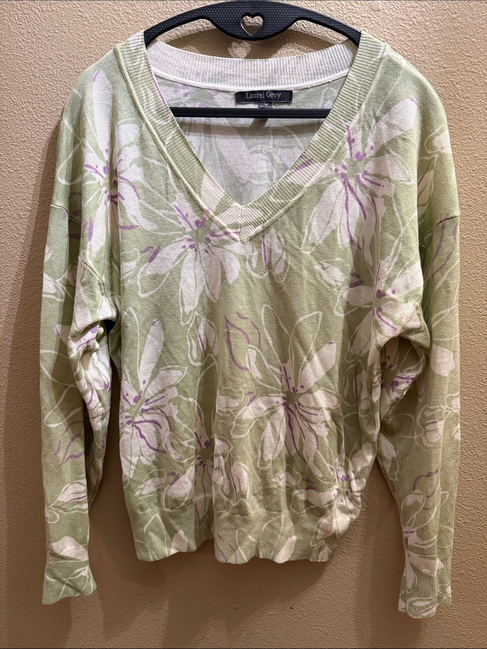 Laurel Grey Light Green Floral V-Neck Sweater